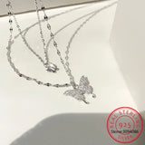 925 Silver CZ Butterfly Necklace Double Layer Clavicle Chain Necklace S-N173