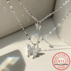 925 Silver CZ Butterfly Necklace Double Layer Clavicle Chain Necklace S-N173