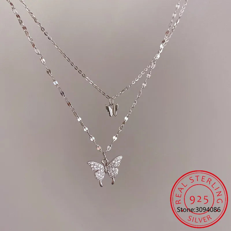 925 Silver CZ Butterfly Necklace Double Layer Clavicle Chain Necklace S-N173