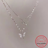 925 Silver CZ Butterfly Necklace Double Layer Clavicle Chain Necklace S-N173
