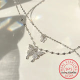 925 Silver CZ Butterfly Necklace Double Layer Clavicle Chain Necklace S-N173