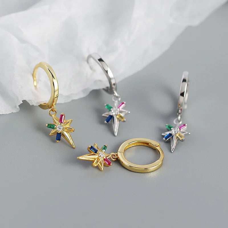 925 Silver Zircon Star Charms Hoop Earrings Dainty Jewelry