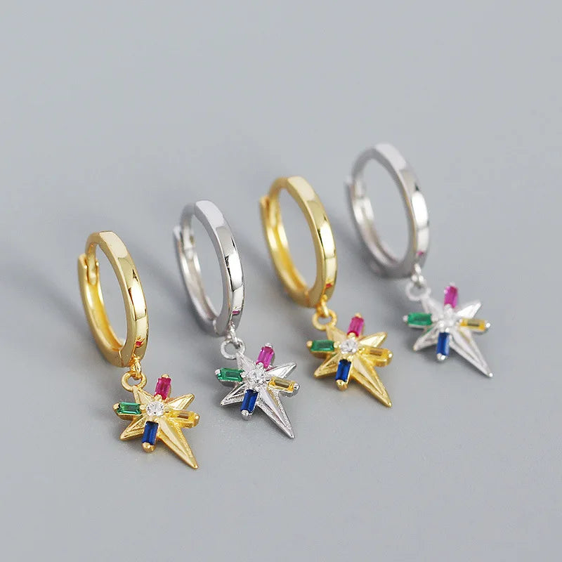 925 Silver Zircon Star Charms Hoop Earrings Dainty Jewelry