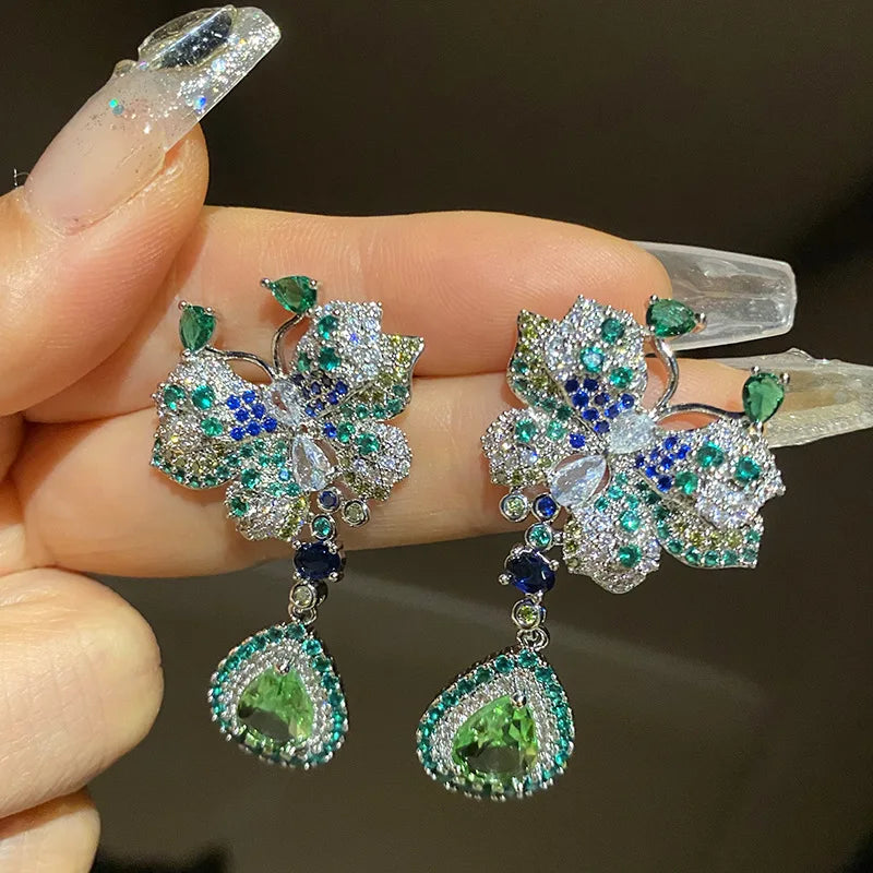 Green Zircon Butterfly Earrings Water Drop Crystal Wedding Jewelry
