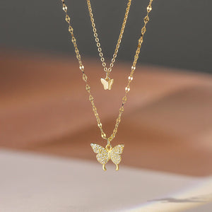 925 Silver Zircon Butterfly Necklace Double Layer Choker Gift