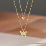 925 Silver Zircon Butterfly Necklace Double Layer Choker Gift