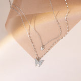 925 Silver Zircon Butterfly Necklace Double Layer Choker Gift