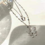 925 Silver Zircon Butterfly Pendant Necklace Double Layers Choker