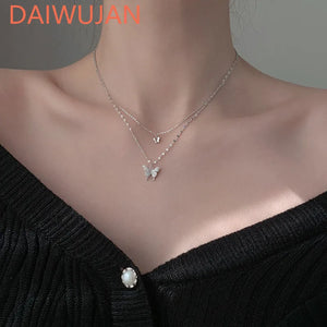 925 Silver Zircon Butterfly Pendant Necklace Double Layers Choker