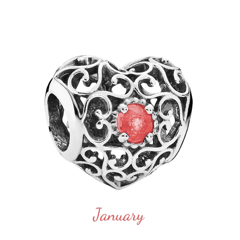 925 Silver Heart Birthstone Charm Beads for Bracelet DIY