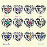 925 Silver Heart Birthstone Charm Beads for Bracelet DIY