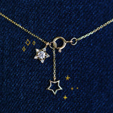 925 Silver Zircon Necklace Double Star Pendant Japanese Collar Chain
