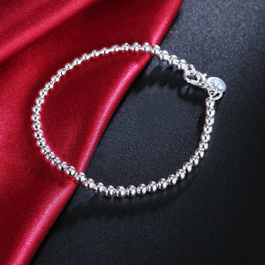 925 Silver 4mm 8in Beaded Chain Bracelet Women's Gift Jewelry
