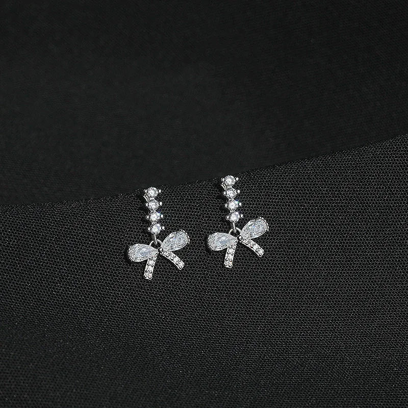 925 Silver Bow Stud Earrings Elegant Zircon Party Jewelry