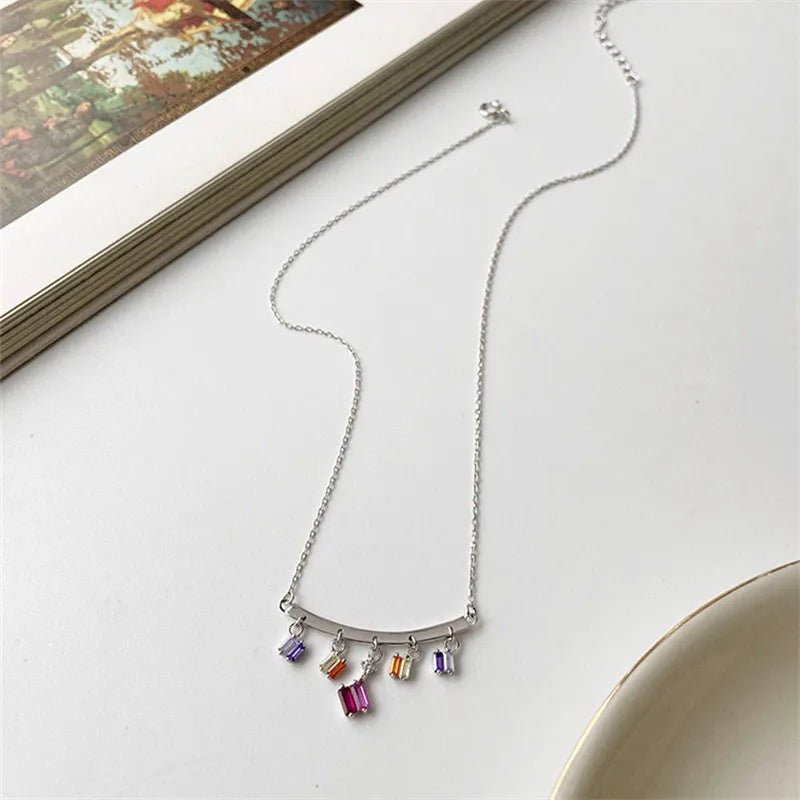 925 Silver Zircon Pendant Tassel Chain Necklace Women Party Jewelry
