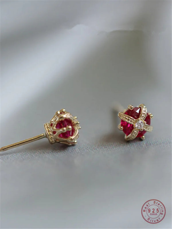 925 Silver Crown Stud Earrings Red Zircon Inlaid Wedding Jewelry Gift
