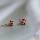 925 Silver Crown Stud Earrings Red Zircon Inlaid Wedding Jewelry Gift