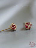 925 Silver Crown Stud Earrings Red Zircon Inlaid Wedding Jewelry Gift