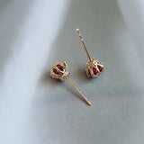 925 Silver Crown Stud Earrings Red Zircon Inlaid Wedding Jewelry Gift