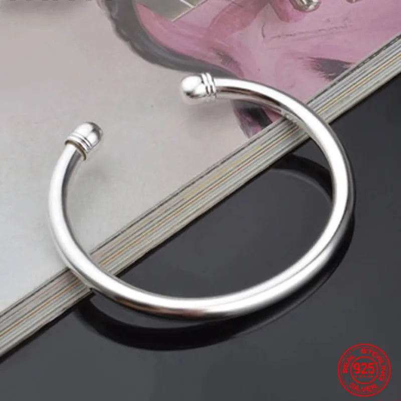925 Silver Double Beads Open Cuff Bracelet Bangle Women Wedding Jewelry