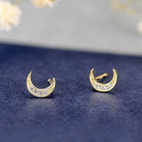 925 Silver Moon Stud Earrings 14k Plating Pav? Crystal Vintage Student Jewelry