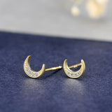 925 Silver Moon Stud Earrings 14k Plating Pav? Crystal Vintage Student Jewelry