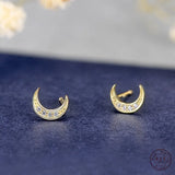 925 Silver Moon Stud Earrings 14k Plating Pav? Crystal Vintage Student Jewelry