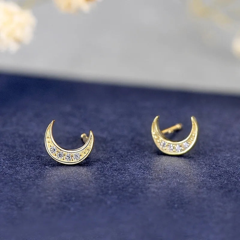 925 Silver Moon Stud Earrings 14k Plating Pav? Crystal Vintage Student Jewelry