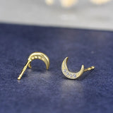 925 Silver Moon Stud Earrings 14k Plating Pav? Crystal Vintage Student Jewelry