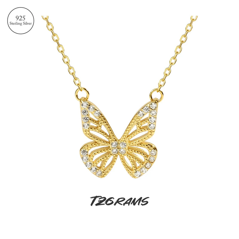 925 Silver Butterfly Pendant Necklace with Zircon French Gorgeous Jewelry