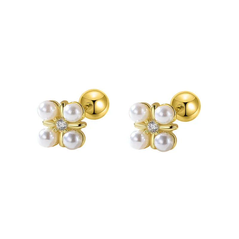 925 Silver Pearl Zircon Flowers Stud Earrings French Vintage Jewelry