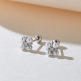 925 Silver Pearl Zircon Flowers Stud Earrings French Vintage Jewelry
