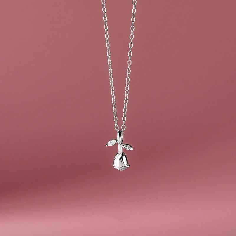 925 Silver Rose Flower Pendant Necklace Romantic Wedding Jewelry