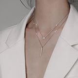 925 Silver CZ Necklace Double Layer Long Pendant Geometric