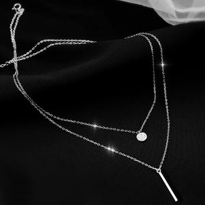 925 Silver CZ Necklace Double Layer Long Pendant Geometric