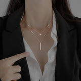 925 Silver CZ Necklace Double Layer Long Pendant Geometric