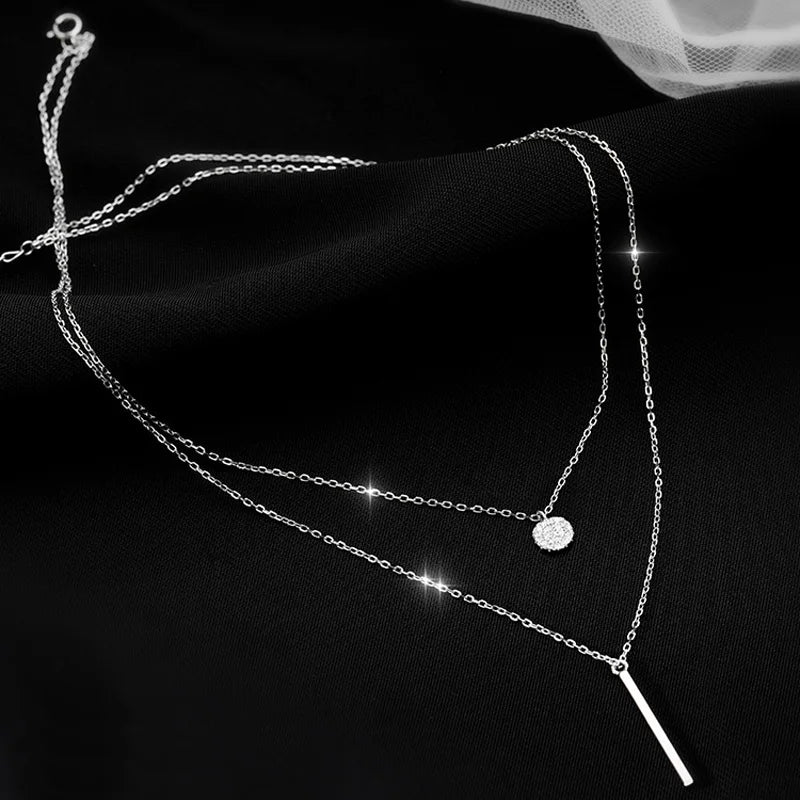 925 Silver CZ Necklace Double Layer Long Pendant Geometric