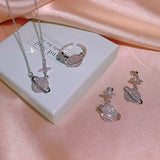 925 Silver Star Earth Ring Necklace Set with Diamonds