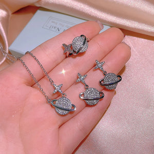 925 Silver Star Earth Ring Necklace Set with Diamonds