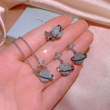 925 Silver Star Earth Ring Necklace Set with Diamonds