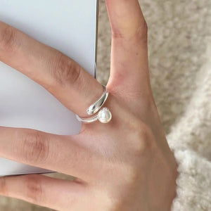 925 Silver Cross Pearl Adjustable Ring for Women and Girls