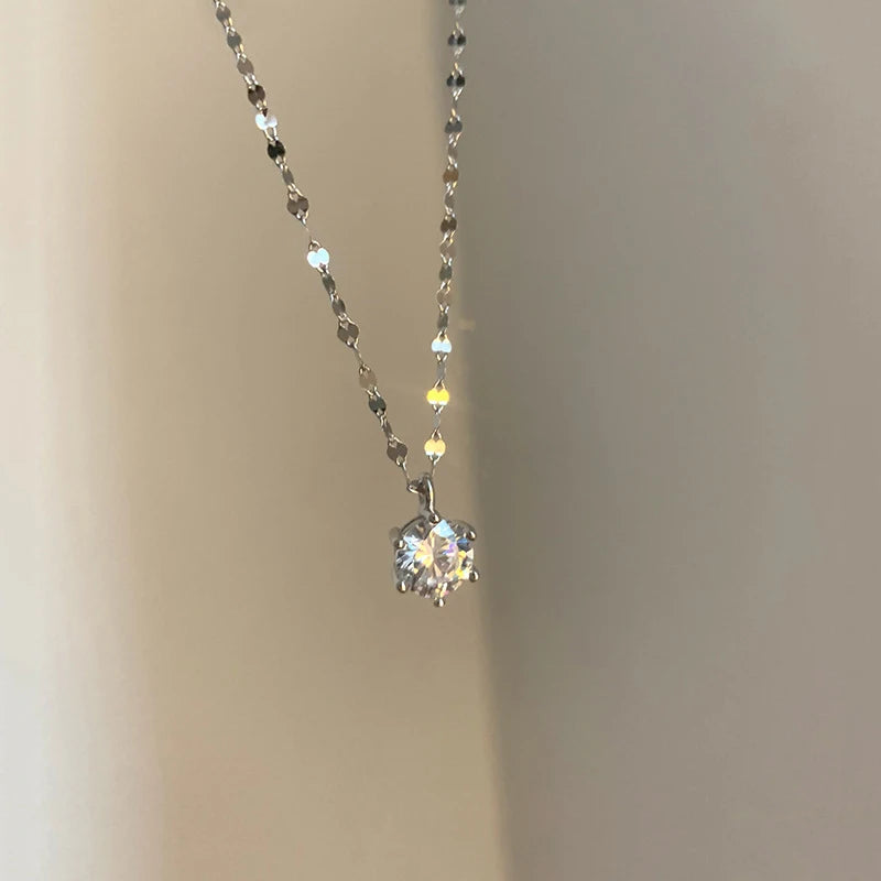 925 Silver Single Zircon Necklace Six Claws Zircon Chain Wedding Jewelry