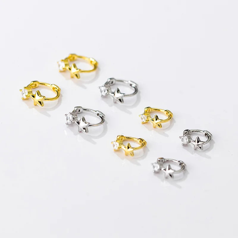 925 Silver Zircon Star Round Hoop Earrings Small Ear Buckle Huggie Jewelry