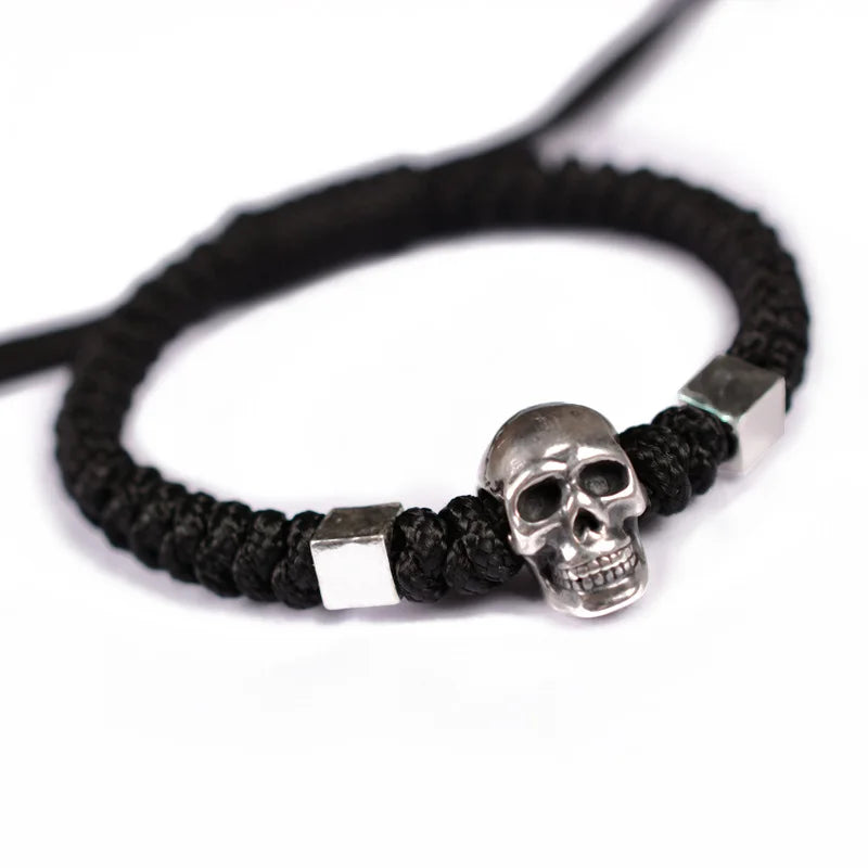 925 Silver Skull Bracelet Rope Skeleton Charm Bracelet Men