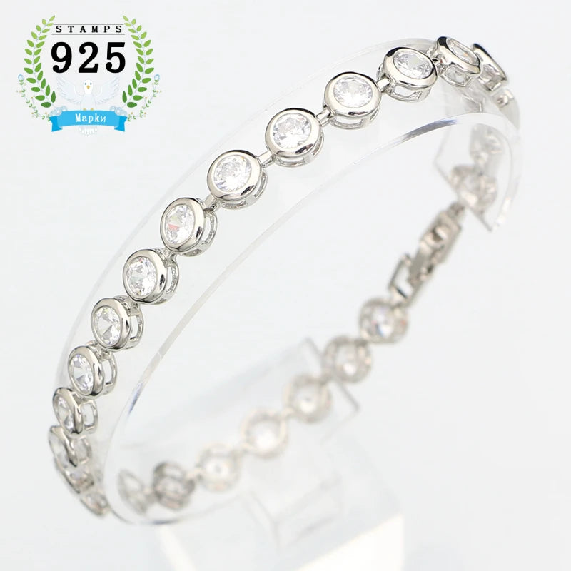 925 Silver Slim Women's Bracelet Zircon Stone 18cm+2cm Ext