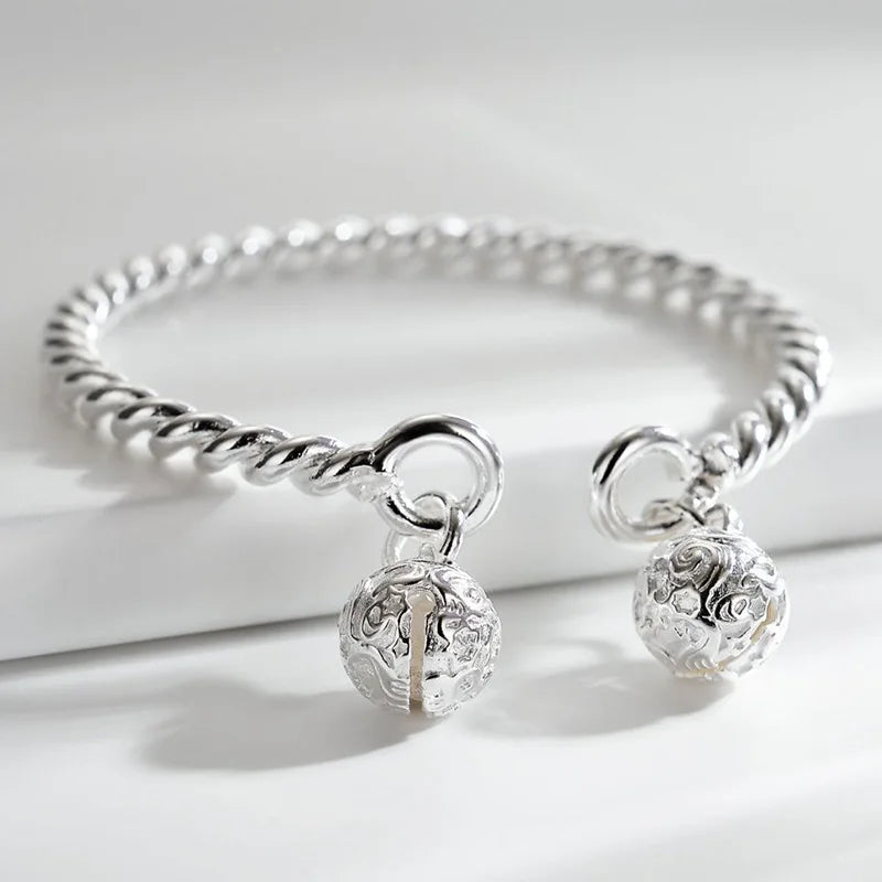 925 Sterling Silver Small Bell Twisted Rope Cuff Bracelet