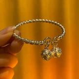 925 Sterling Silver Small Bell Twisted Rope Cuff Bracelet