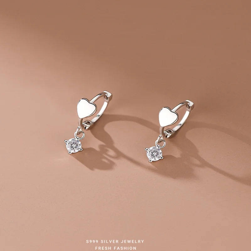 925 Silver Heart Hoop Earrings Zircon Huggie Sleeper