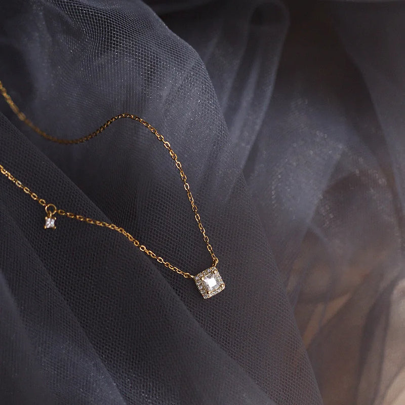925 Silver Square Diamond Pendant Necklace Women Clavicle Chain