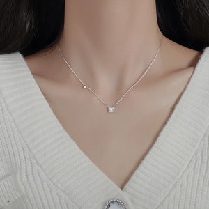 925 Silver Small Square Diamond Pendant Necklace Clavicle Chain